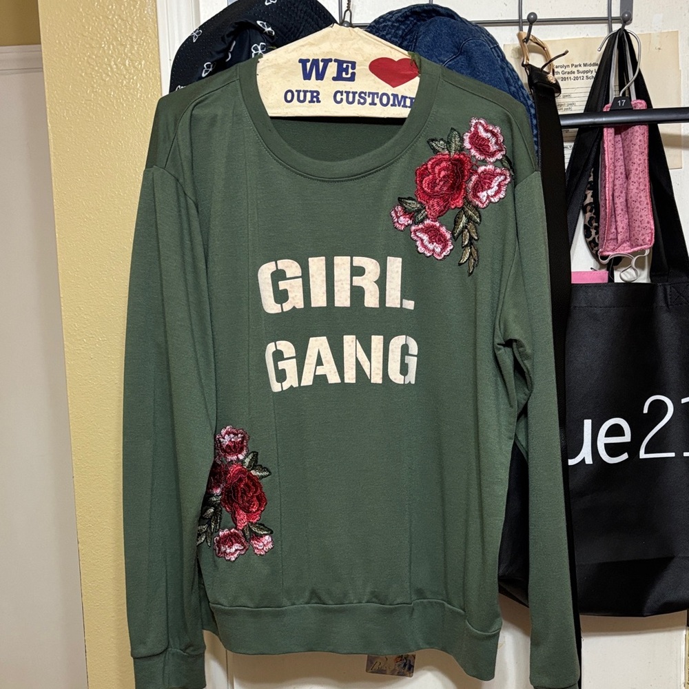 Green 'Girl Gang' Sweatshirt with Floral Embroidery